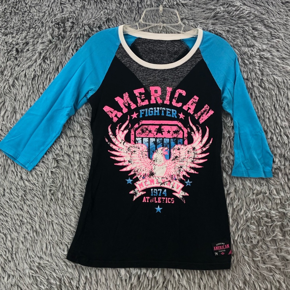 American Fighter Tshirt Womens Small Black Pink Blue 3/4 Sleeve Baseball Shirt